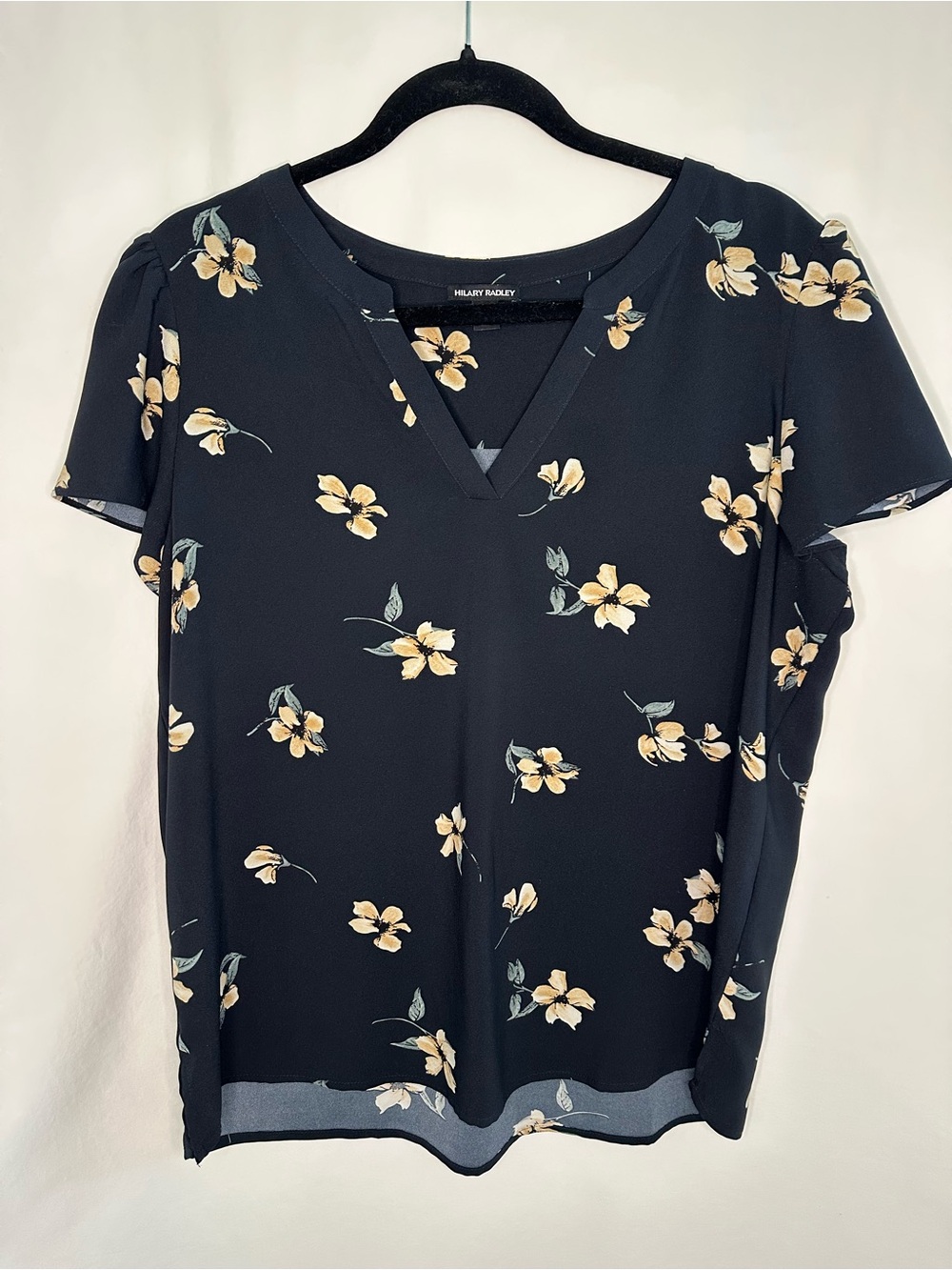Hilary Radley Black Floral V-Neck Short Sleeve Blouse